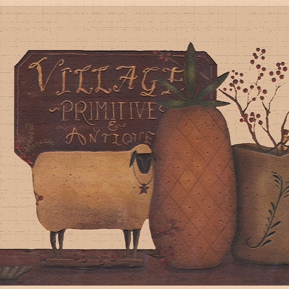 Dundee Deco's Peel and Stick Wallpaper Border - Country Burgundy Beige Sign Star Pots Wall Border Retro Design, 15 ft x 7 in, Self Adhesive