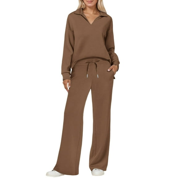 sususu Matching Lounge Sets for Women,Fall Sets Two Piece Trousers Suit Long Sleeve Crewneck Pullover Top and Drawstring Wide Leg Pants Comfortable Outfit for - Brown