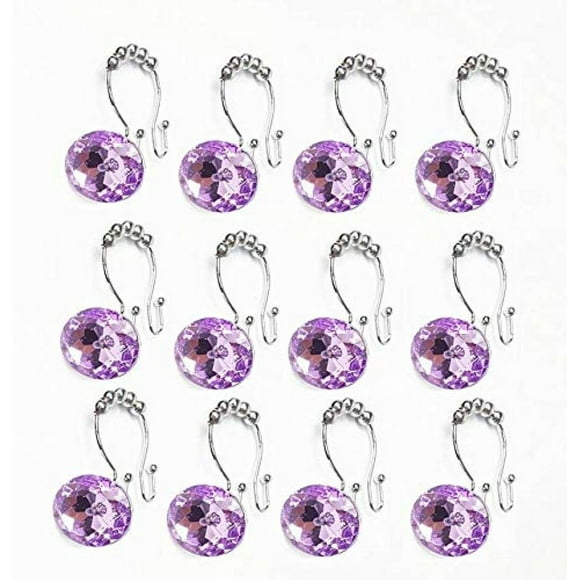 Leoyoubei Roller Balls Shower Curtain Double Hooks Glide Shower Ring Hangs- Easy Glide Rollers-100% Rust-Proof Stainless Steel Hook with Round Diamond Ring 12pack (Purple)