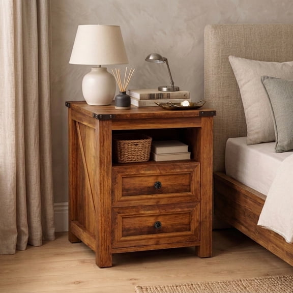 Farmhouse Nightstand with Charging Station, 2 Drawers and Open Storage Shelf, 24 in Tall Wooden End Table for Bedroom and Living Room, Brown