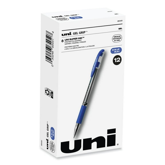 Signo GRIP Gel Pen, Stick, Medium 0.7 mm, Blue Ink, Clear/Blue/Silver Barrel, Dozen