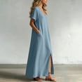 thumbnail image 3 of Dvprdro V Neck Short Sleeve Cotton Side Pockets Loose A Line Maxi Dress for Women Summer Beach Vacation Solid, 3 of 8