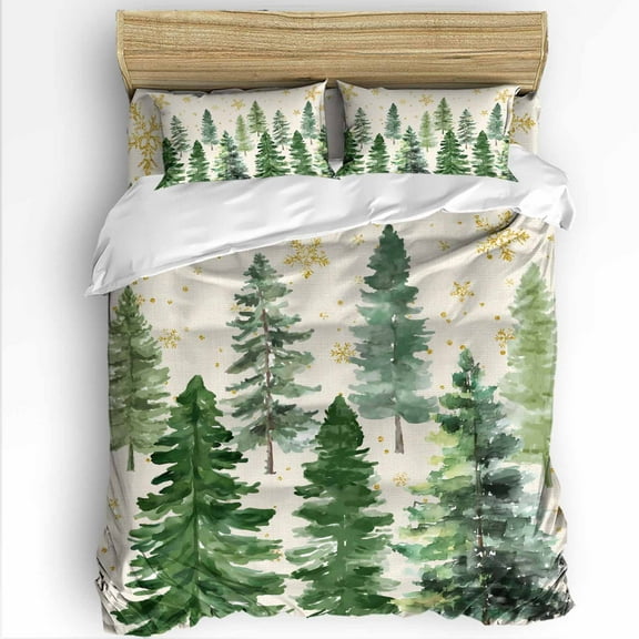Christmas Tree King Size Comforter Set, Winter Xmas Pine Tree Forest Snowflakes Linen Bedding for All Seasons, 4 Pcs Bed Set with 1Comforter (90"x106") ,1 Sheet(94"x116"), 2 Pillowcases (19"x35")
