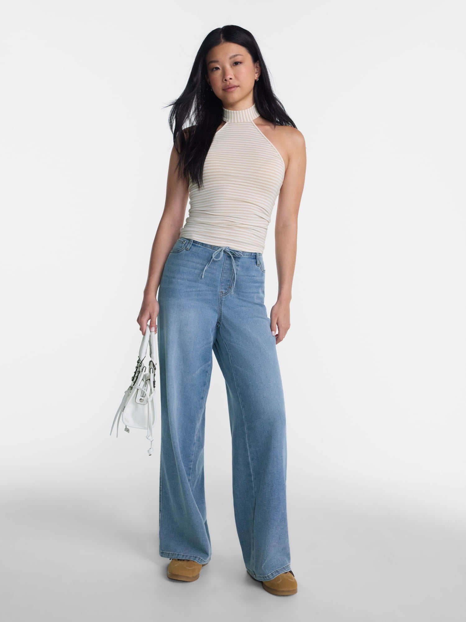 No Boundaries Mini Waistband Wide Leg Pants, 31'' Inseam, Women's XXS-XXL