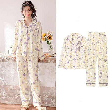 

DanceeMangoo GouZ Womens Sleepwear Long Sleeve Cozy Pajama Set Pj Suit Casual Loungewear for Spring Summer