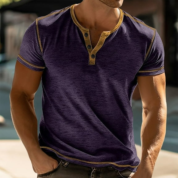 Timegard Mens T Shirts Notched V Neck Button Color Block Comfy Short Sleeve Work Casual Tee Shirts