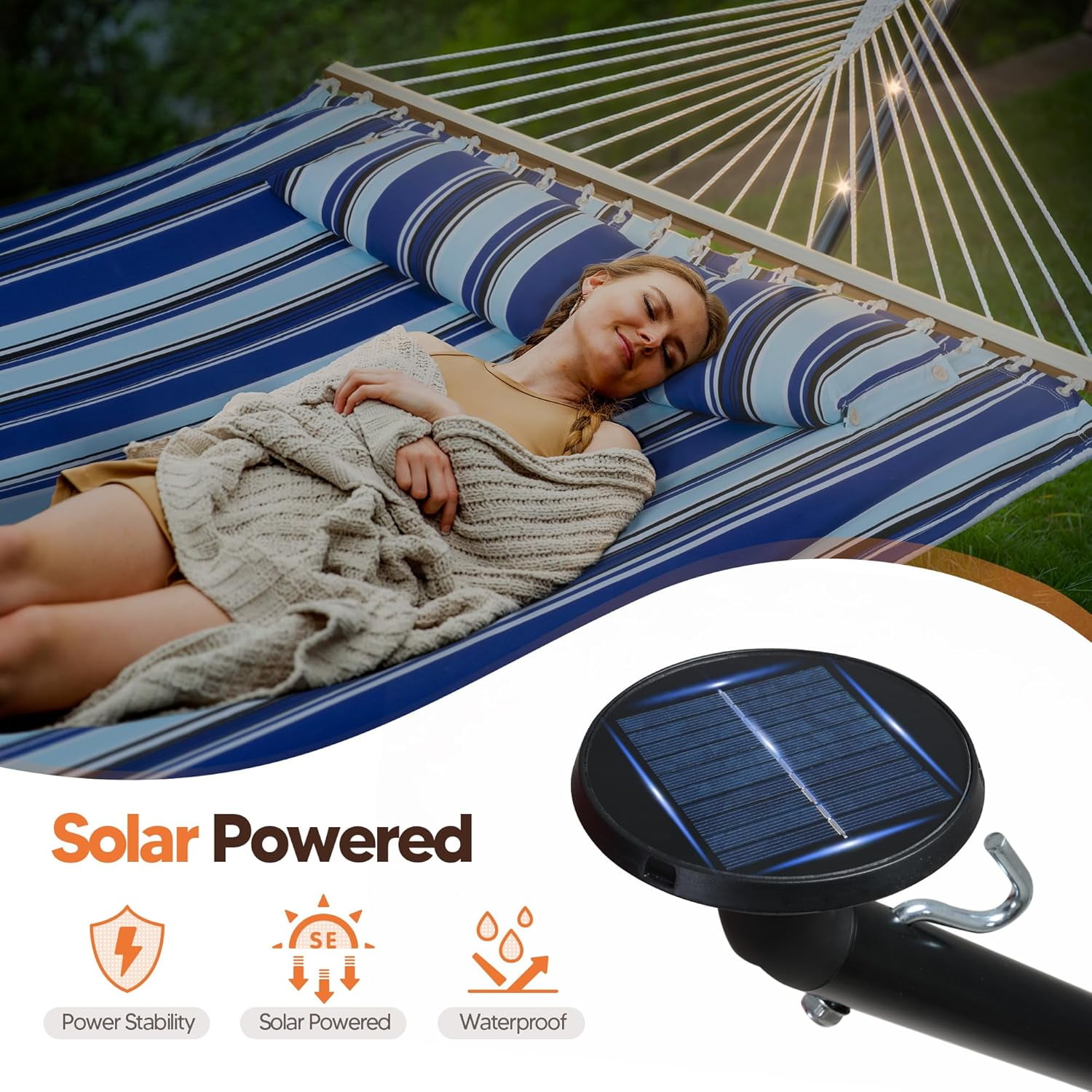SUNCREAT Double Backyard Hammock with Solar Powered Lights for Outside, 475 lbs Capacity, Heavy Duty Self Standing Hammock with 12 ft Stand, Blue
