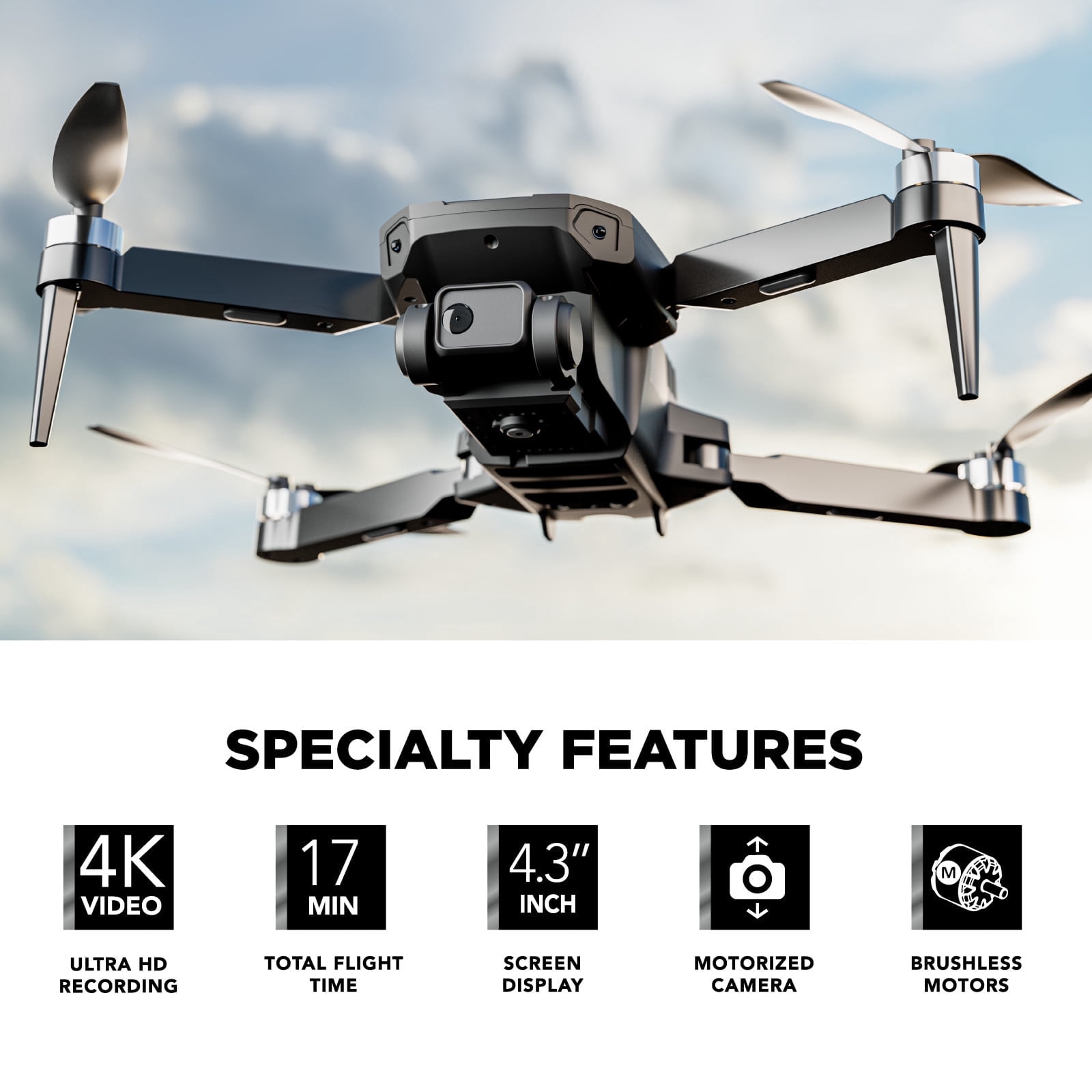 Open Box Vivitar SkyVision 4K Ultra HD GPS Foldable Video Drone, 4.3-Inch Display Controller, Brushless Motors, 1-Axis Gimbal, VR Headset, 17-Minute Flight Time
