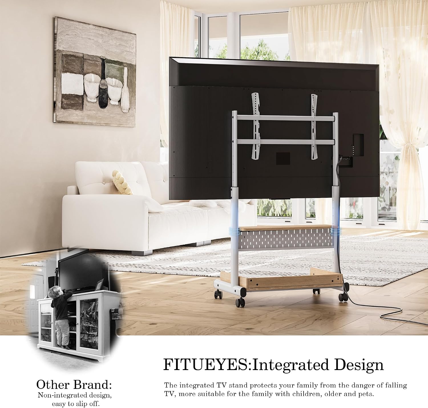 FITUEYES Rolling TV Stand for 40–85 Inch TVs, White, Wood Shelf & Pegboard