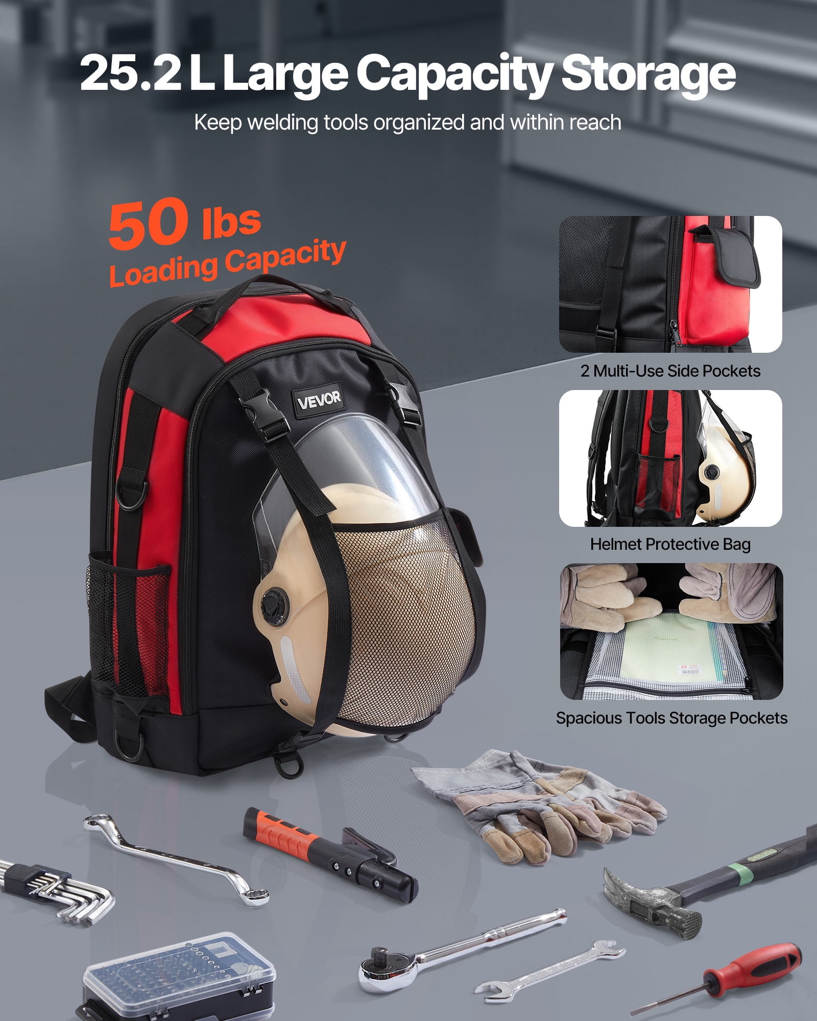 VEVOR Welding Backpack, 25.2L Welder Backpack for Tools and Helmet, 1680D High-Density Polyester Extreme Gear Pack with Helmet Bag, Multi-Purpose Gear Storage Bag for Welding, Outdoor Camping