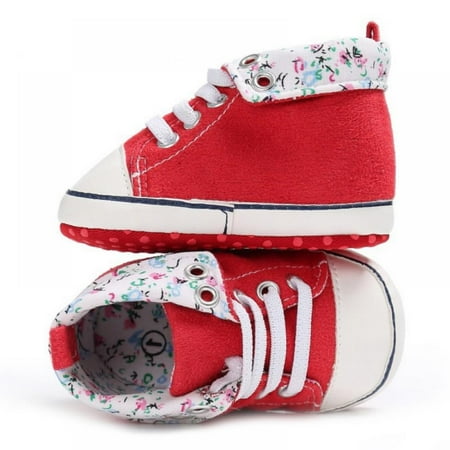 

0-18M Infants Baby Crib Canvas Shoes Classic High Top Fashion Flower Printed Cross-tied Prewalkers Sports Sneakers
