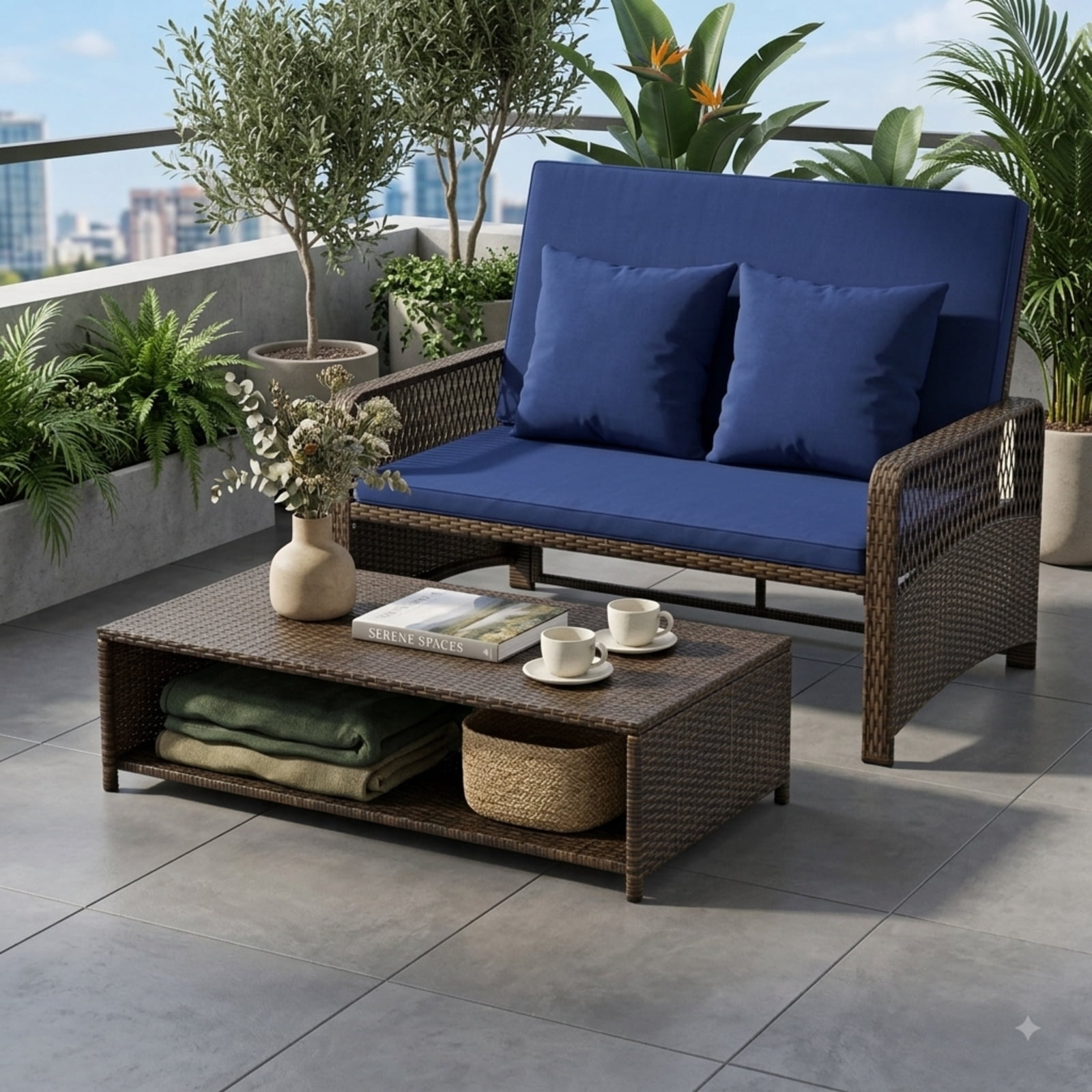 Furnibear Patio Wicker Daybed with 4-Level Backrest, Outdoor PE Rattan Loveseat Sofa & Ottoman Set with Cushions for Backyard Poolside, 800 LBS, Navy