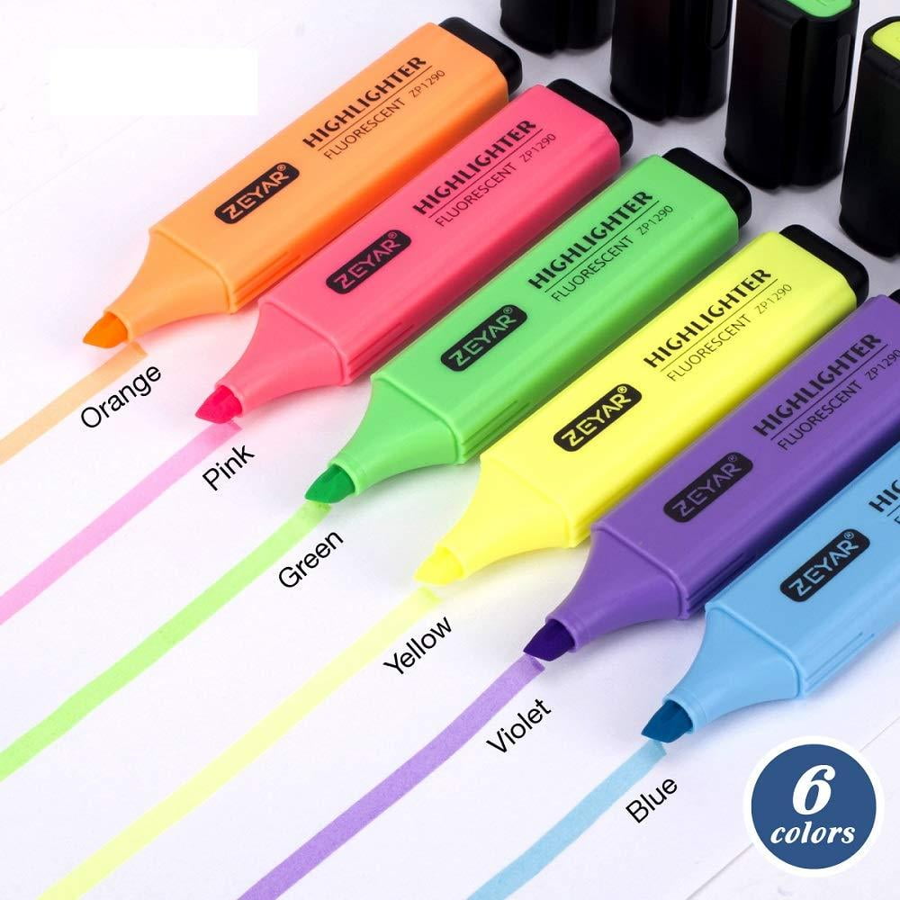 ZEYAR Highlighter, Chisel Tip Marker Pen, Assorted Colors, Water Based, Quick Dry (6 Fluorescent Colors) 6 Fluorescent Colors