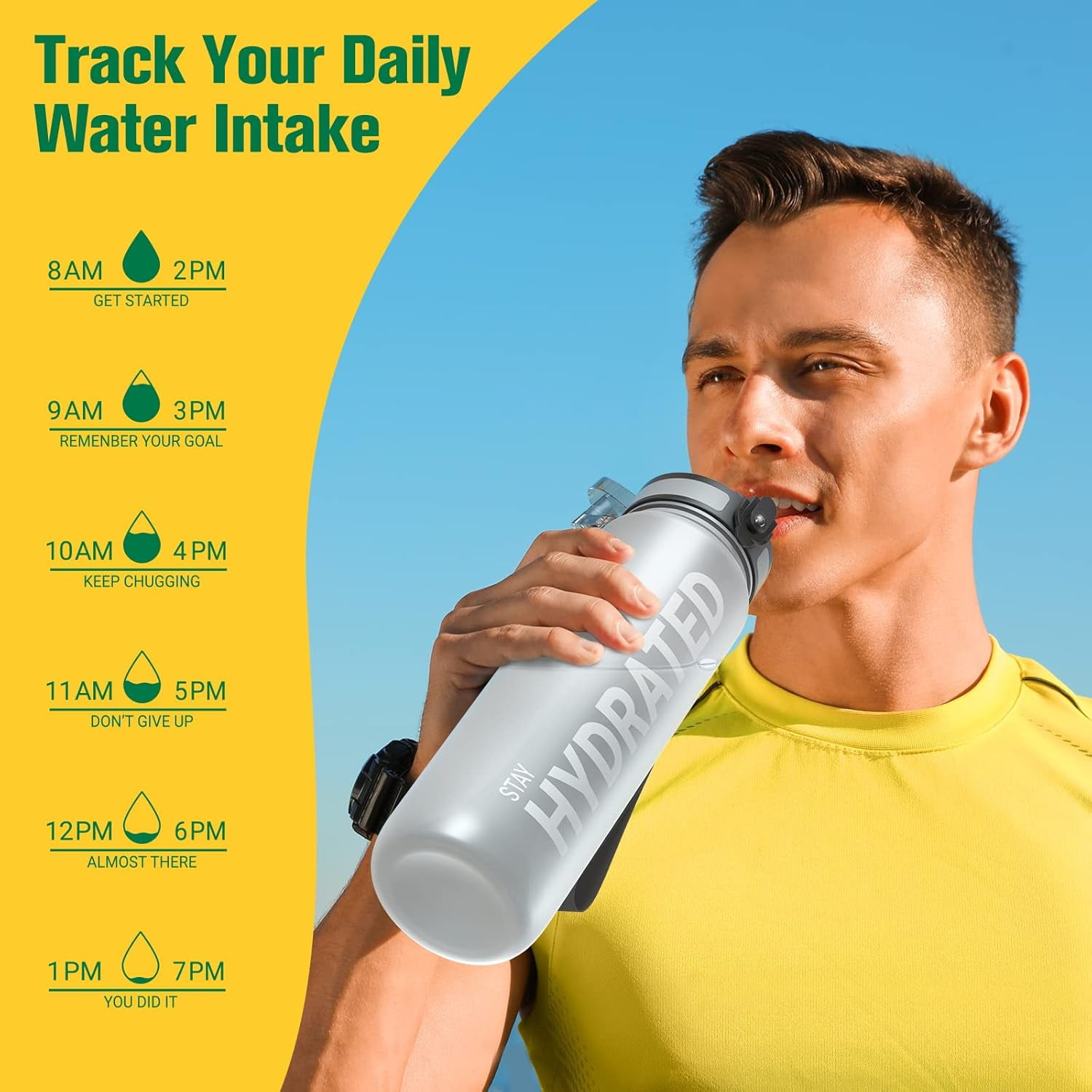 Water Bottle 32oz, Durable and Leakproof Water Bottles Motivational with Time Marker, Tritan, BPA Free, Wide Mouth with Easy Clean Brush for Gym, Travel, Home, School, Office (1 Bottle)