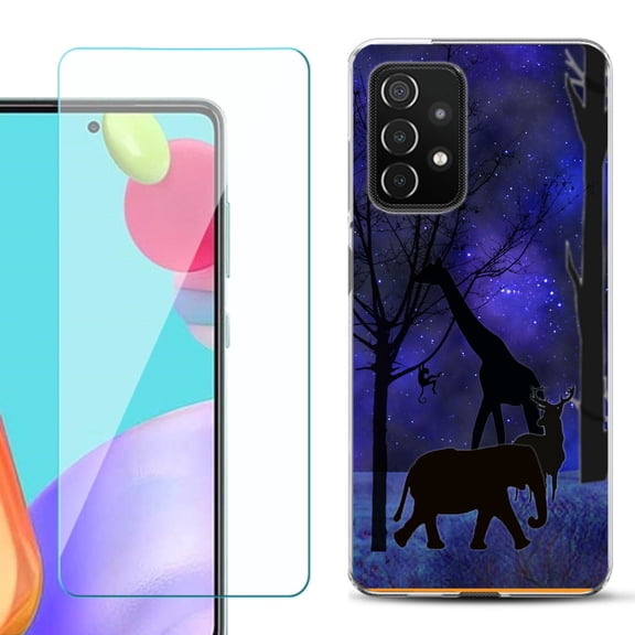 Slim-Fit Flexible Gel TPU Phone Case compatible with Samsung Galaxy A52 5G, with Tempered Glass Screen Protector, by OneToughShield ® - Midnight Safari