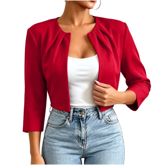 Cmfcve 3/4 Sleeve Shrug for Women Collarless Pleated Open Front Cropped Cardigans Fashion Dressy Casual Jackets for Dress