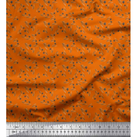 Soimoi Orange Silk Fabric Leaves & Tulip Floral Fabric Prints By Yard 44 Inch Wide