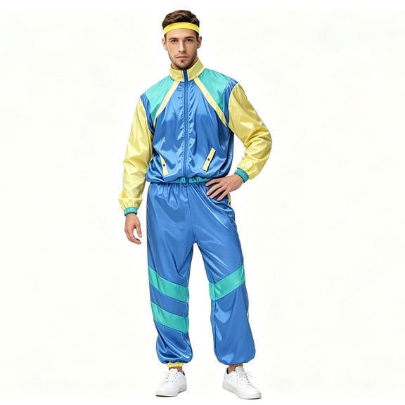 Men 80s Retro Tracksuit Costume, Vintage Color Block Windbreaker Jacket Pants Set with Headband, 1980s Hip Hop Disco Outfit for Halloween Cosplay Party