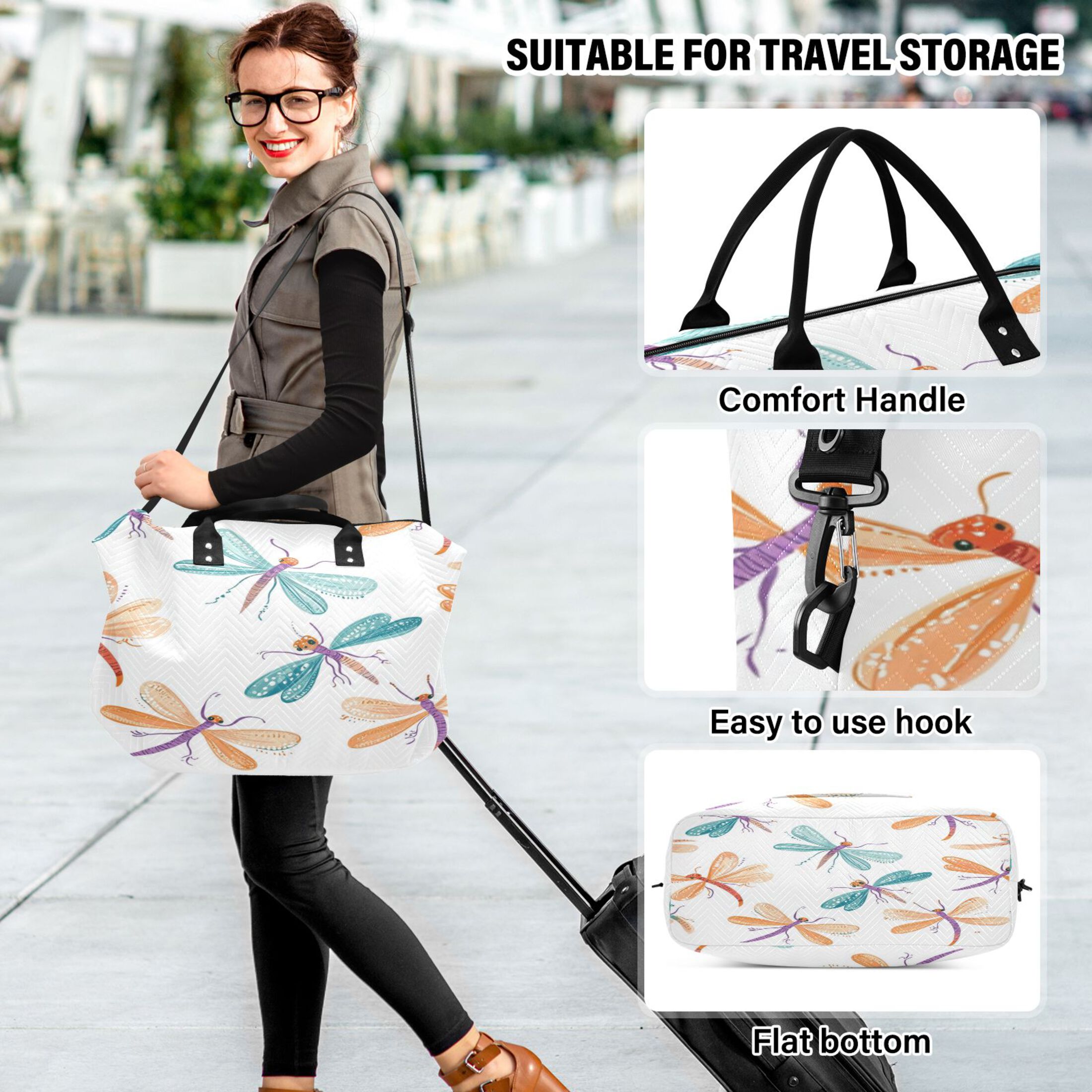 Travel Duffel Luggage Bag Sports Duffle Bag Gym Bag with Zipper Cartoon Dragonflies Pattern