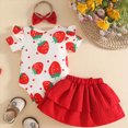 thumbnail image 3 of Toddler Baby Girl Summer Outfits Strawberries Print Romper & Ruffle Solid Skirt with Headband 3-Piece Set, 3 of 5
