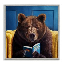 Stupell Industries Brown Bear Reading Dating Book Animals & Insects Painting Gray Framed Art Print Wall Art, 17 x 17