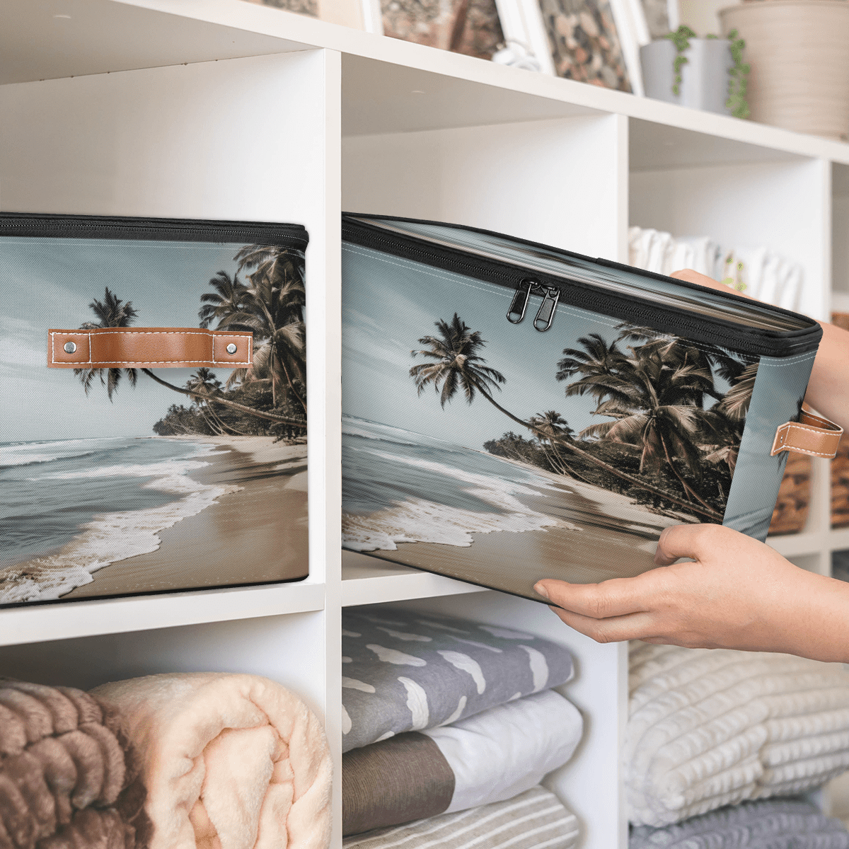 CURLYOOT Beach Fabric Storage Bins with Lids, Hawaiian Palm Trees Foldable Storage Boxes Washable Storage Cube, Closet Bedroom Home Organizer Containers with PU Leather Handles