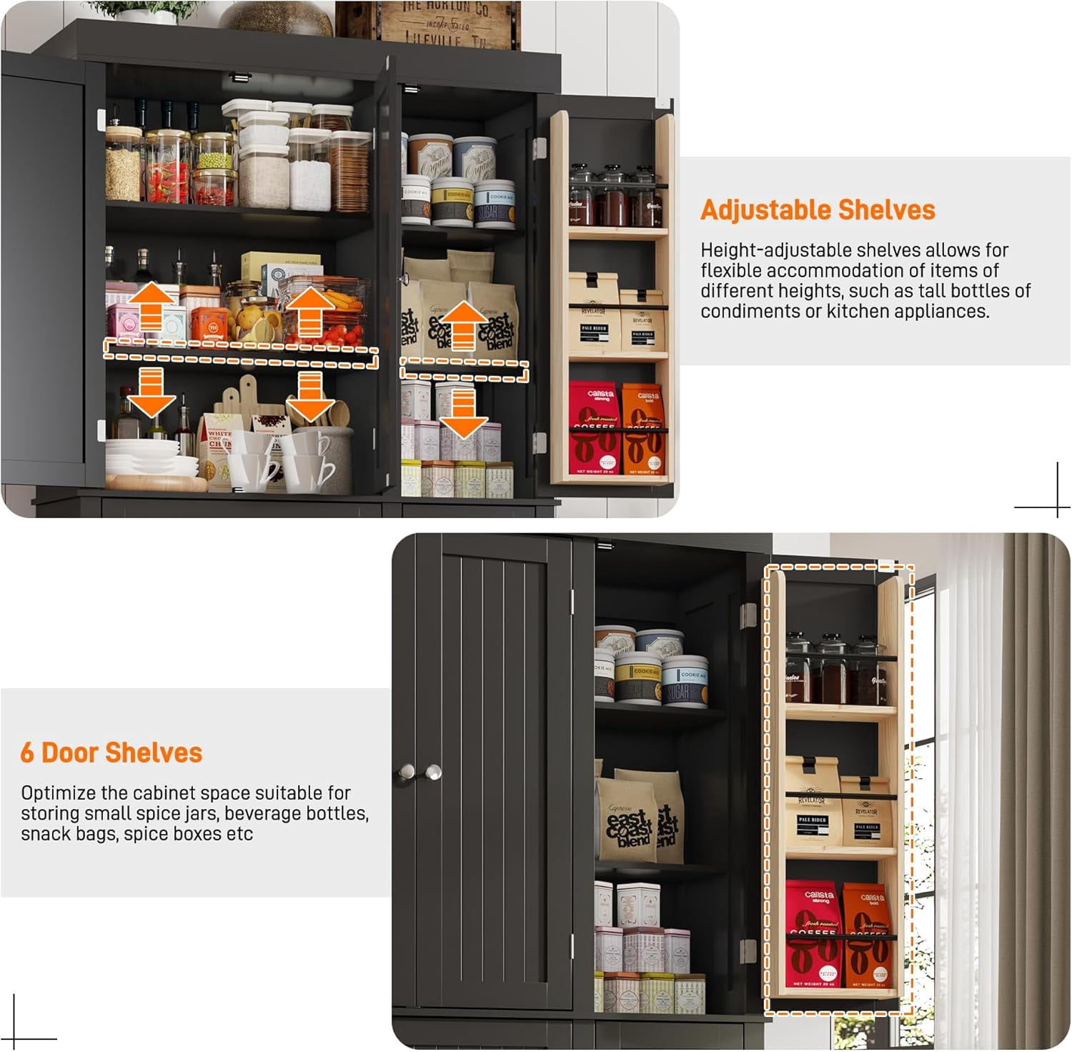 ChVans 71" Tall Kitchen Pantry with 6 Doors, Storage Cabinet with 2 Large Drawer 6 Hanging Shelves, Freestanding Cupboard for Dining Room Living Room