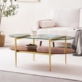 thumbnail image 3 of Rectangle Coffee Table Mid-Century Modern Design L W x H for Living Room - Structure Amber Glass Top and Walnut MDF Shelf Sleek Conical Metal Legs with Gold Finish, 3 of 8