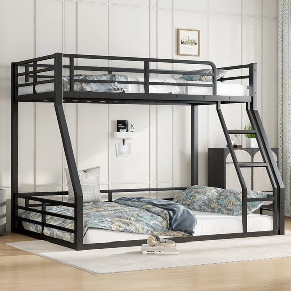 Leumius Metal Bunk Bed,Twin XL over Queen Floor Bunk Bed Frame for Kids/Teens/Adults,Space-Saving/Noise Reduced/No Box Spring Needed,Black
