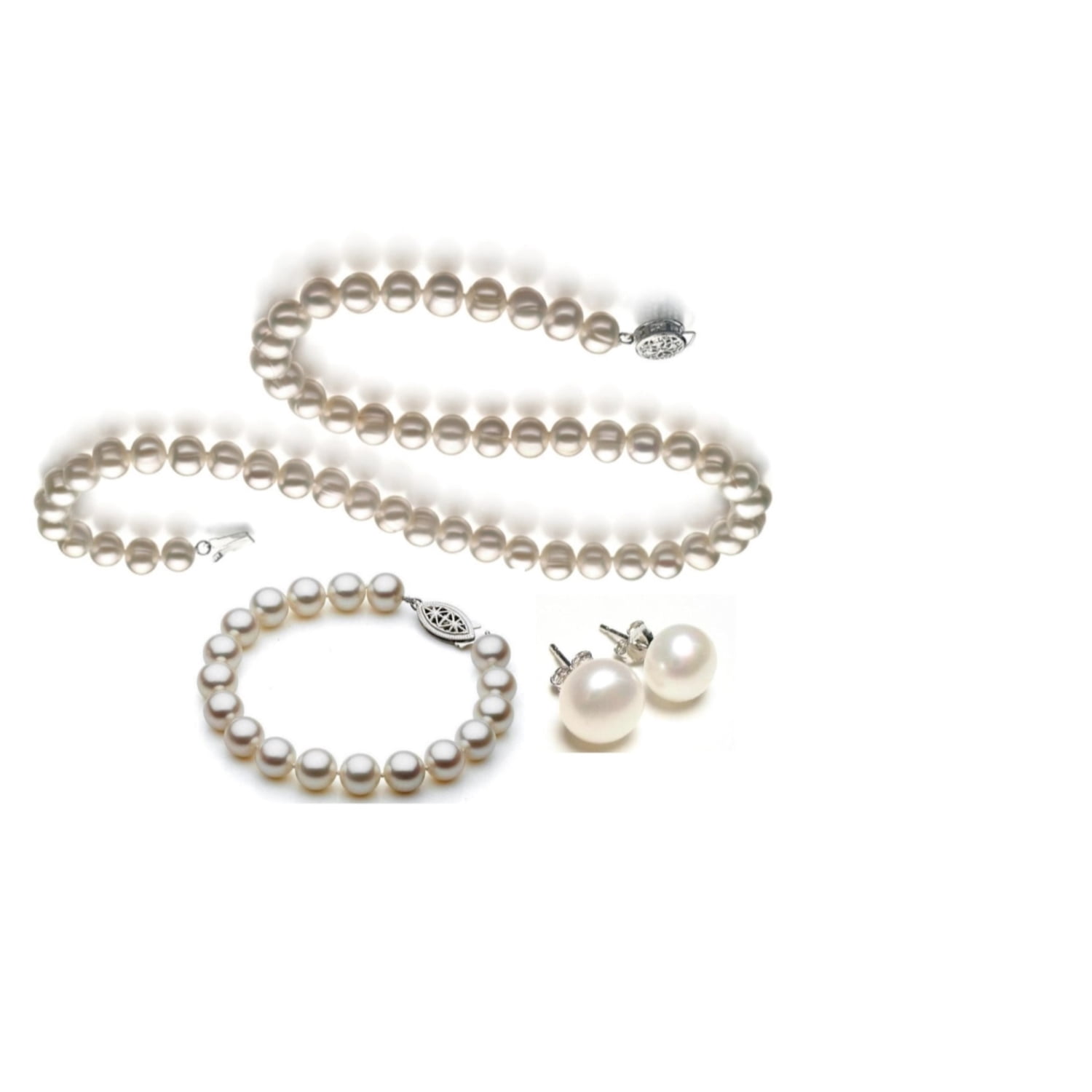 Set Genuine Cultured Pearl 14k Gold over .925 Silver 3-Pc
