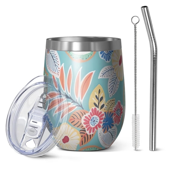 12oz Stemless Wine Tumblers Green Pioneer Flower and Leaf Vacuum Insulated Stainless Steel Travel Tumbler Cups Mug with Lid and Straw for Champaign,Cocktail,Beer with Cleaning Brush