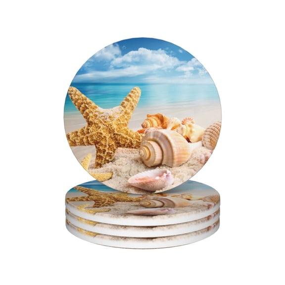 Summer Beach Drink Coasters,Starfish Seashells Mug Coaster Mat Set 4 for Coffee Table Home Living Room Decor