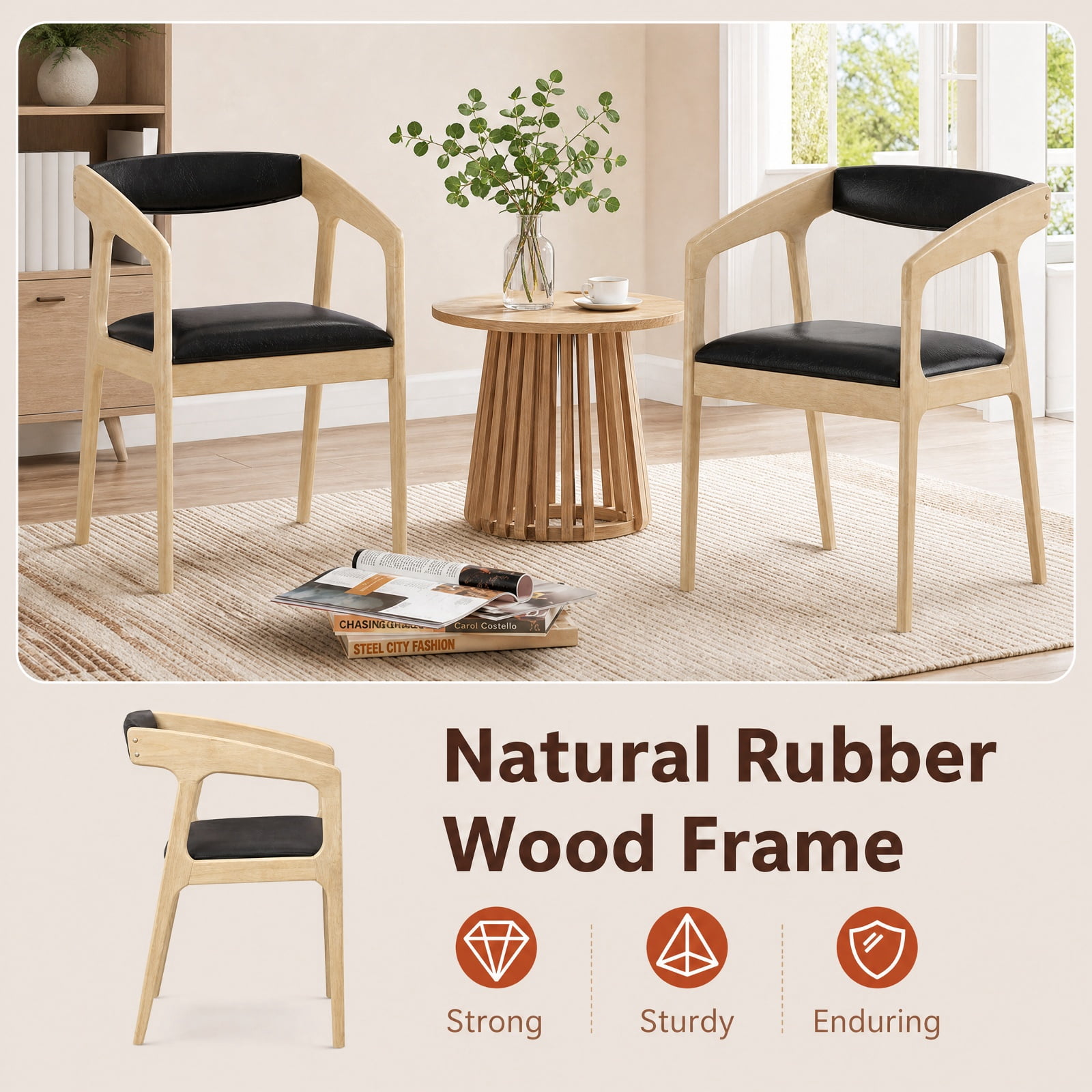 Furnibear Upholstered Armchairs Set of 2 with Cozy Backrest and Padded Seat Cushion for Kitchen Dining Room Living Room Home, Natural