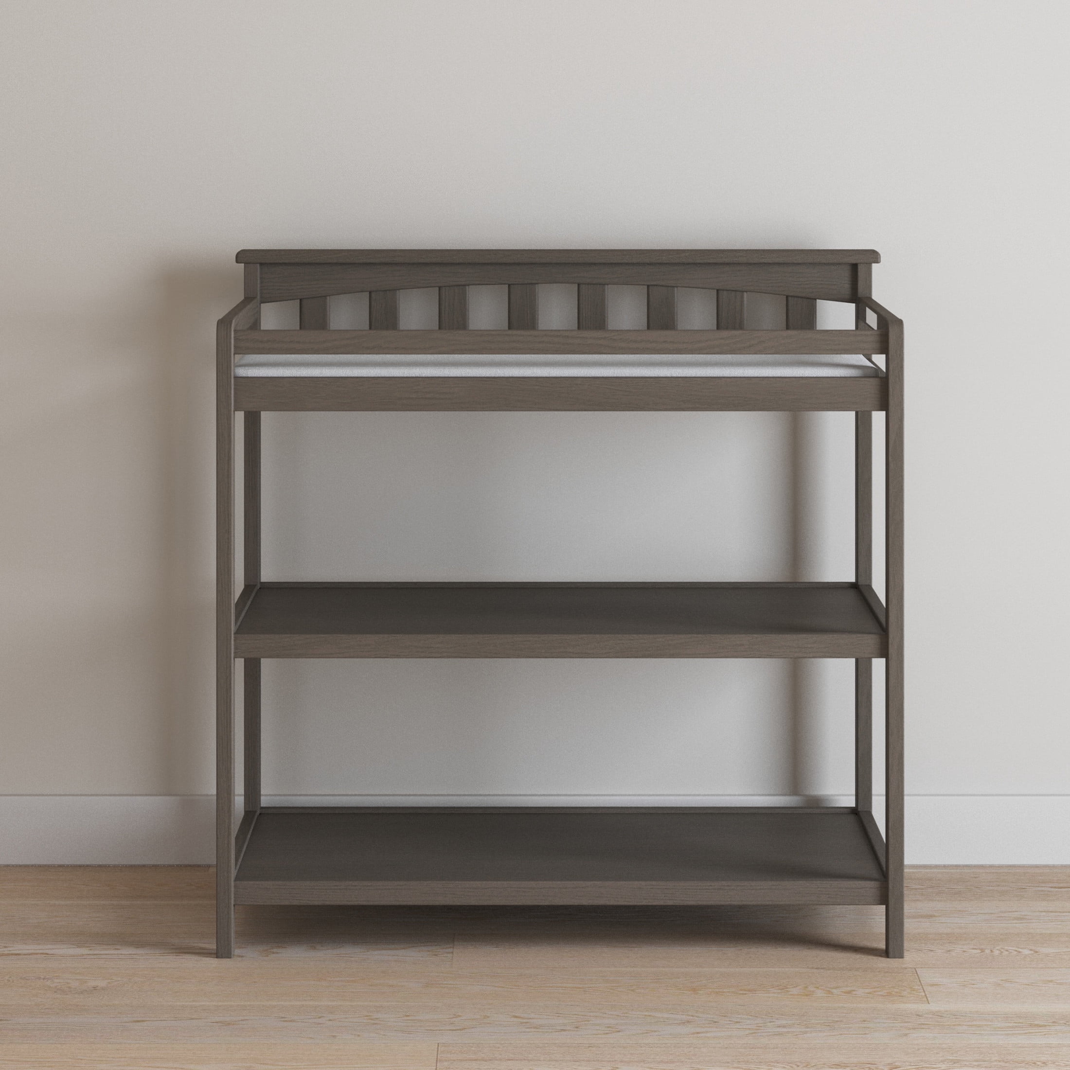 Child Craft Flat Top Changing Table with Pad & Strap, 2 Storage Shelves, Anti-Tip Kit, Dapper Gray