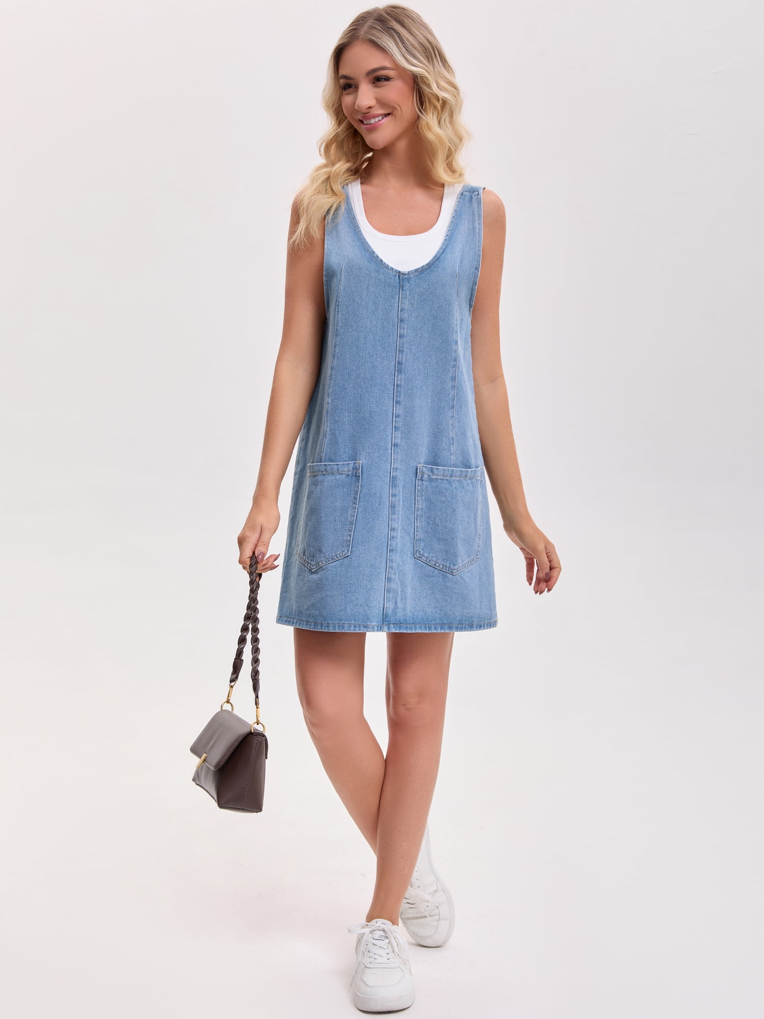 DARING DIVA Women's Loose Sleeveless Pinafore Mini Denim Dresses S Sky Blue