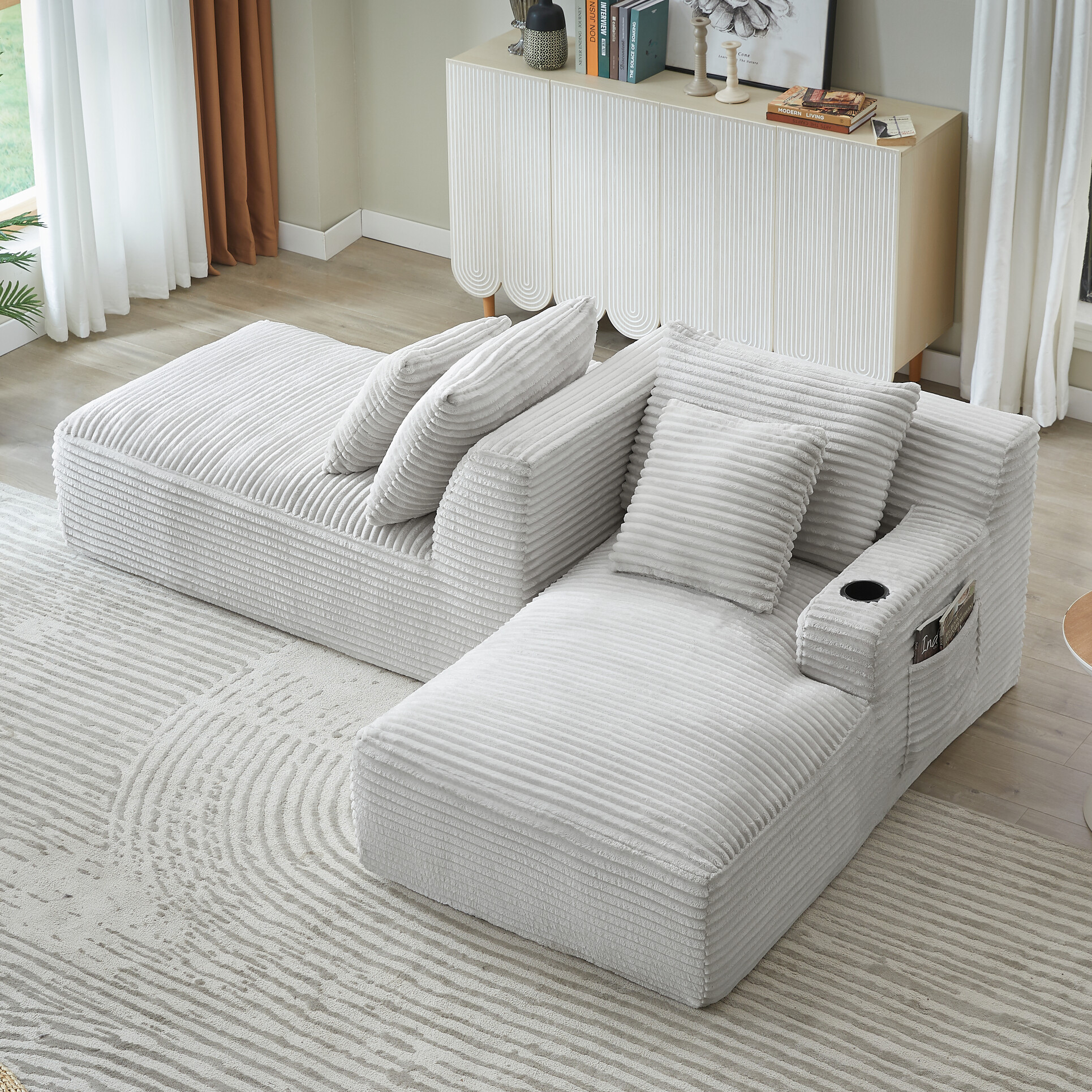 71" Oversized Double Chaise Lounges Indoor, Upholstered Corduroy Sofa Bed with Dual Cup Holders, Sectional Sleeper Loveseat for Living Room, Light Grey
