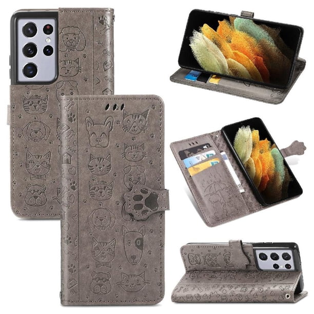 Funda Cartera FOXDOCK para Samsung Galaxy S21 Ultra , Flip PU con Relieve de Gatos y Perros, Tarjetero y Soporte