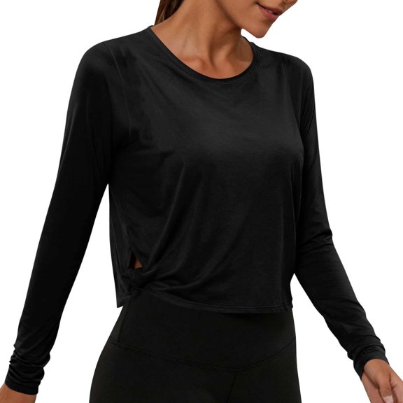 Vinsonshop Womens Workout Tops Long Sleeve Athletic Shirts Crew Neck Side Slit Twist Hem Activewear Yoga Gym Running T-shirts Lightweight Loose Fit Exercise Clothes Black L