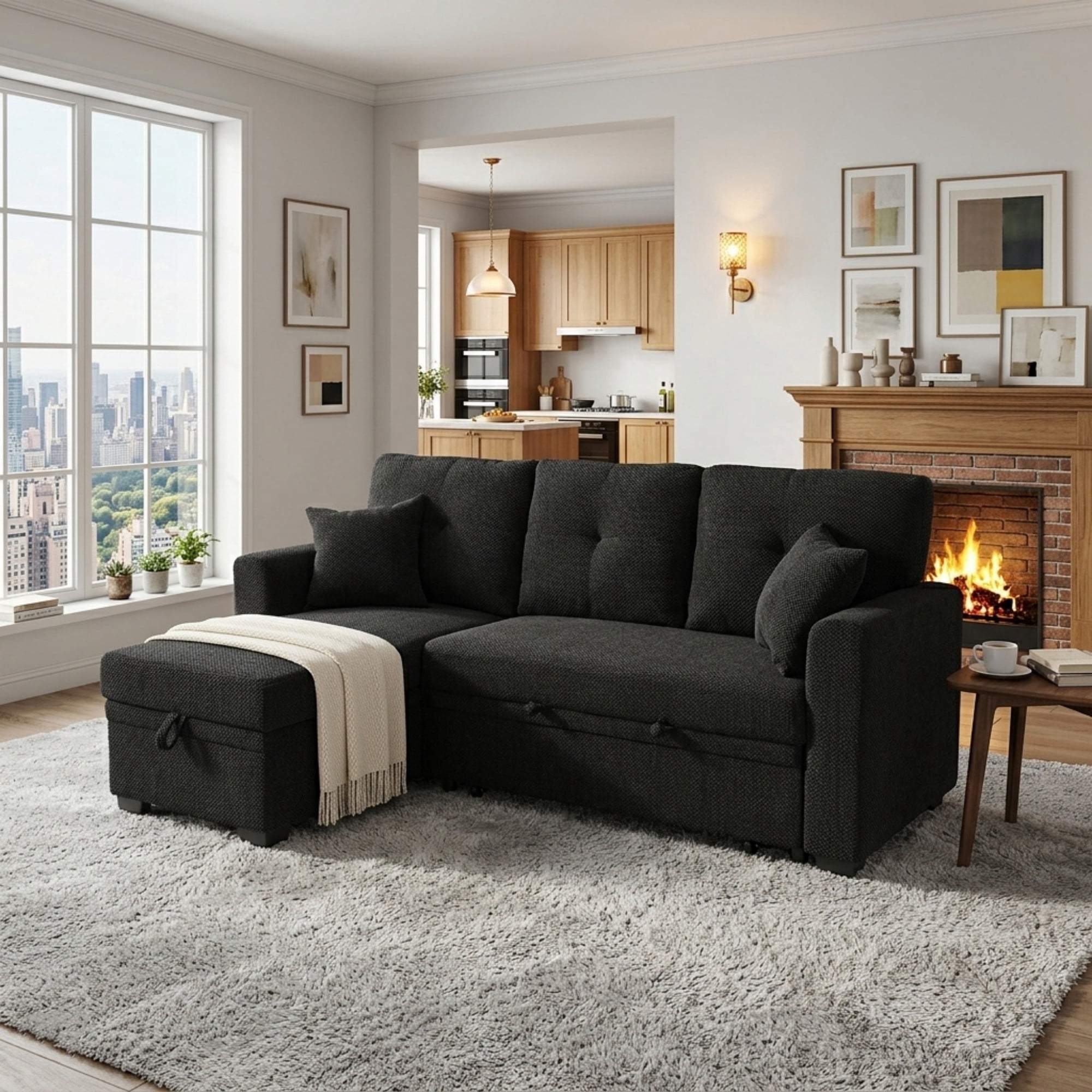 BSHTI 71"Foil Fabric L-Shaped Pull-Out Sleeper Sofa Bed with Reversible Chaise, Hidden Storage for Living Room（Black）