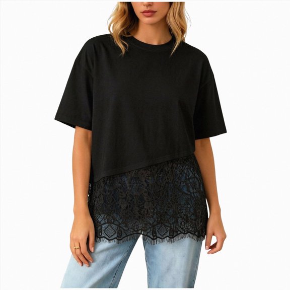 Women Fashion Lace Tops Oversized Basic Tees Short Sleeve Summer Outfits Going Out Top