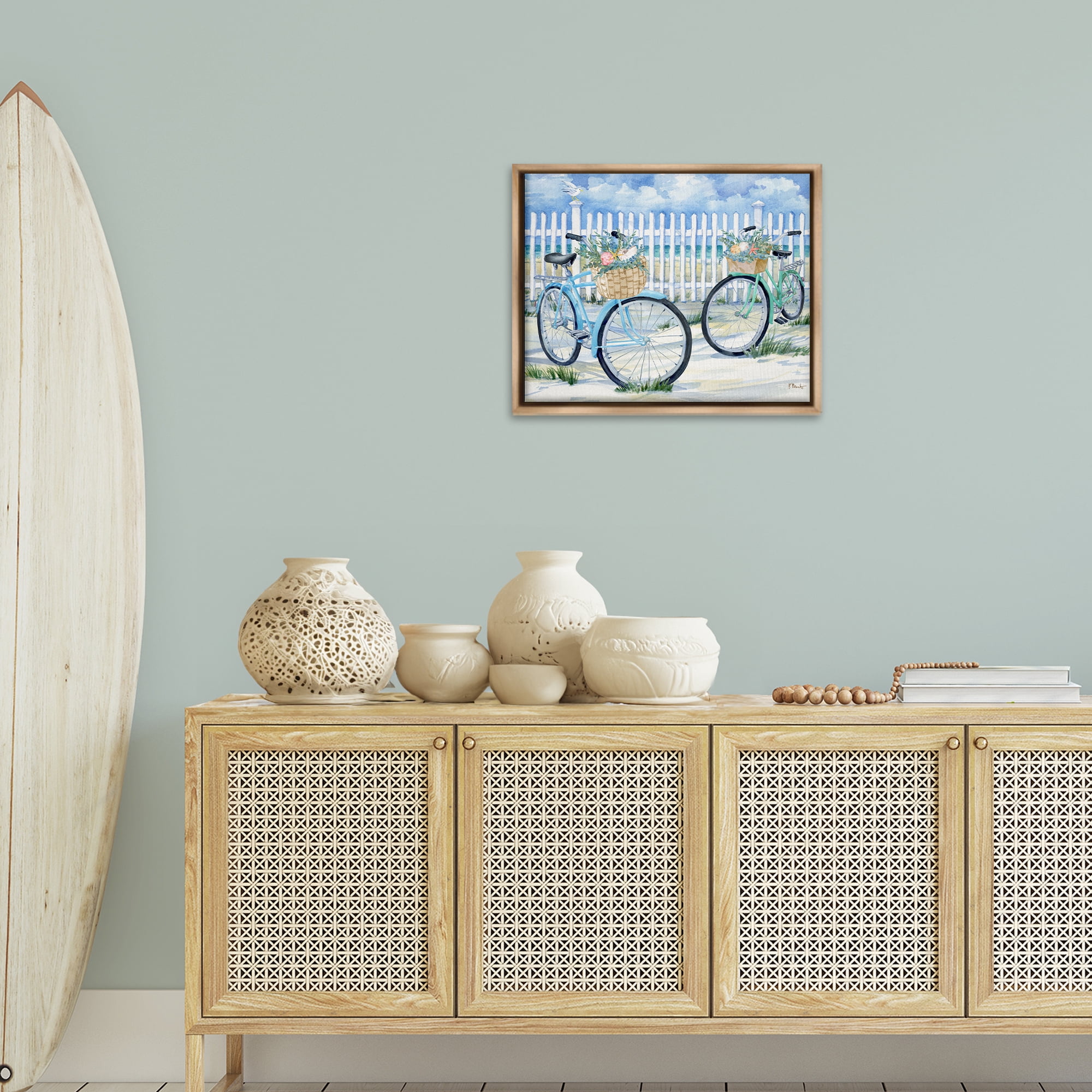 Stupell Industries Bicycles at Beach Fence Transportation Painting Brown Floater Framed Canvas Art Print Wall Art, 21 x 17