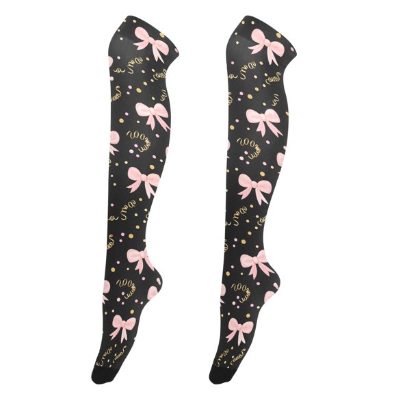 Black Background Pink Bows High Thigh Socks Over Knee Thin Tights Long Stocking for Women Leg Warmer