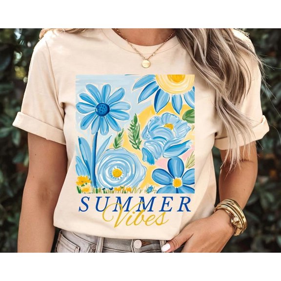 Summer Vibes Tee Shirt, Floral Summer Watercolor Summer Vibes, Trendy Summer Shirt