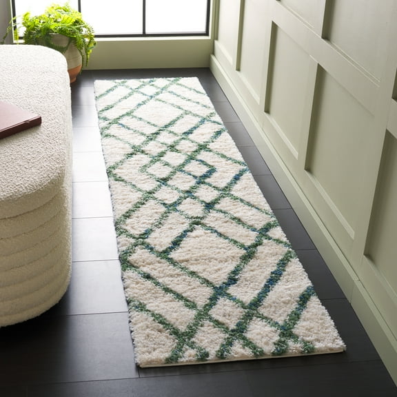 SAFAVIEH Berber Kyle Geometric Shag Runner Rug, Ivory/Green, 2' x 8'