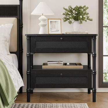 Afuhokles 2 Drawer Rattan Nightstand with Charging Station, Bedside Table, Black