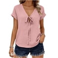 thumbnail image 2 of MaFYtyTPR Women's Summer V-Neck Blouse Fashion Solid Color Short Sleeve Tie Front Loose Fit Casual Tops A-Pink S, 2 of 5