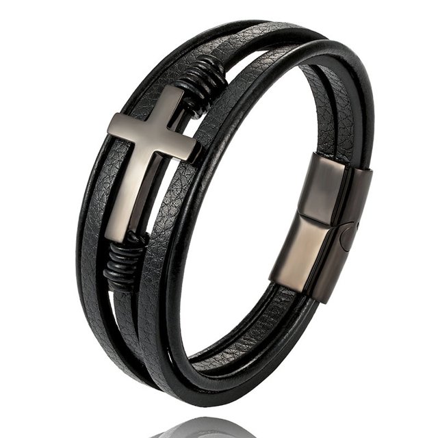 Pulseras de cuero trenzado multicapa con cierre magnético Pulseras para hombre Pulsera de cuero genuino Pulsera de cuero cristiano Pulseras de cuero religiosas cruzadas JM