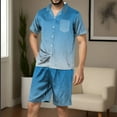 thumbnail image 2 of YLSDY Men Summer Pajama Sets Casual Short Sets Satin Silk Short Sleeve Button Down Shirt Elastic Waist Shorts 2 Piece Outfits Tracksuit Sky Blue 4, 2 of 5