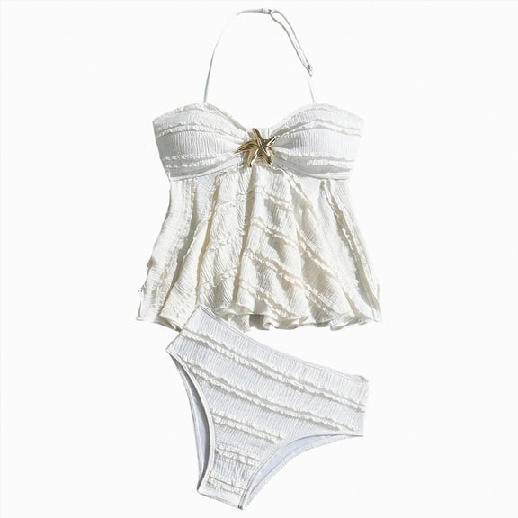 Xudanell Girl's 2 Piece Halter High Waisted Tankini Ruffle Swimsuit Bathing Suit Bikini Sets (9-10 Years,White)