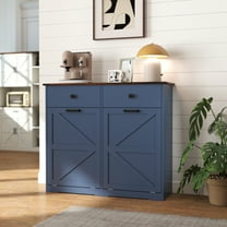 Farmhouse Blue Double Tilt-Out Trash Cabinet for 20 Gallon Cans, Free Standing Barn Door Recycling Cabinet with Drawer, Kitchen Laundry Sorter